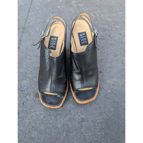 Nine West Womens Black Leather Slingback Platform Wedge Sandals Sz 7.5 B Cork - Picture 6 of 9